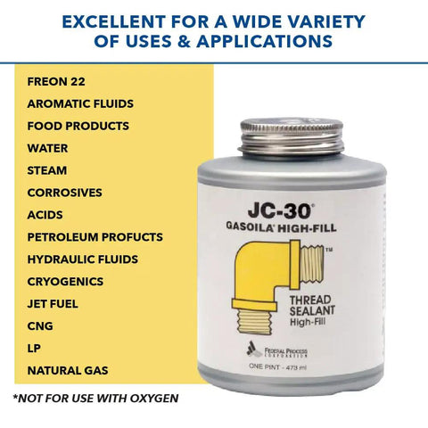 JC 30 Thread Sealant For Extreme Temps And High Pressure Pipes And Valves For Metal And PVC Sealing Gas Lines Water And Fuel Cryogenics With Brush Included Pint in yellow-labeled container