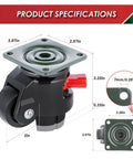 FIZAR four-pack heavy-duty leveling casters with metal mounting plate, black housing and red retractable knob, 360° swivel