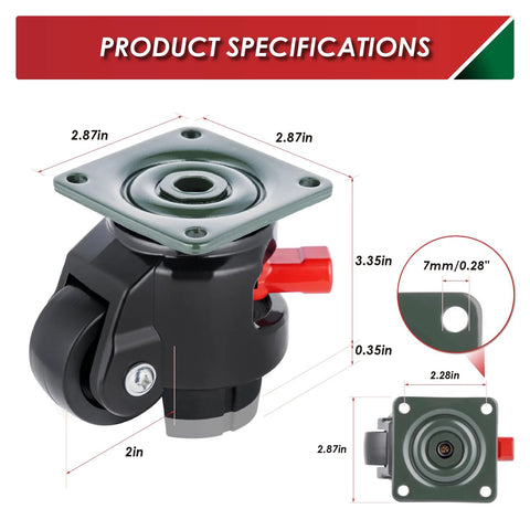 FIZAR four-pack heavy-duty leveling casters with metal mounting plate, black housing and red retractable knob, 360° swivel