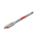 Crescent flat spade drill bit, angled side view, 6 in long, 1-1/2 in diameter, orange label and hex shank