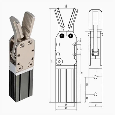 Mechanical Arm Fixture 1615S 1615D 2015S-L 2015D 1615D-L Pneumatic Gripper Water Nozzle Gripper Cylinder For 1615 Series Robotic Arms 1 Piece Replacement Part, side view with technical drawing