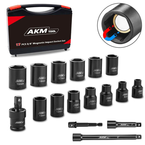 Three Eighths Inch Drive Magnetic Impact Socket Set, Metric 7mm To 19mm, 6 Point CrMo Sockets With Square Drive, Magnetic Retention, Universal Joint, Drill Bit Adapter And Extension displayed with storage case and components