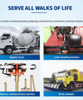 Collage of industrial machinery: agitator truck, laser leveling machine, electric casting furnace, snow sweeper.