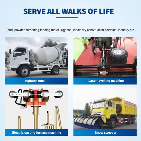 Collage of industrial machinery: agitator truck, laser leveling machine, electric casting furnace, snow sweeper.