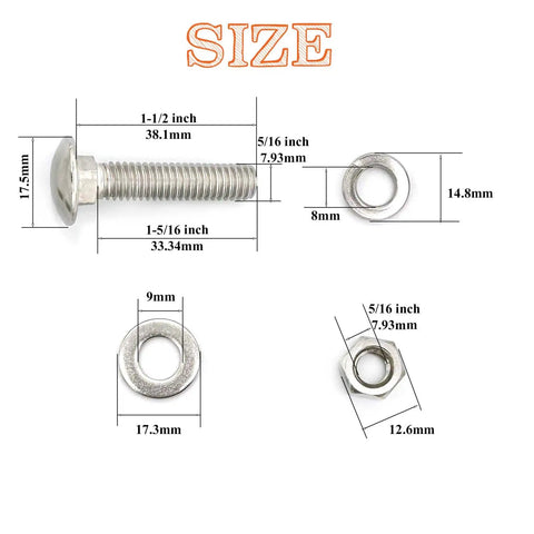 Size diagram of 5/16-18 Carriage Bolts 1-1/2 Inch Round Head Square Neck Set with 304 Stainless Steel Hex Nuts Flat Washers Spring Lock Washers