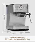 Compact Espresso Machine With 20 Bar Pressure And Digital Temp Display Built In Milk Frother for precise coffee brewing dimensions.