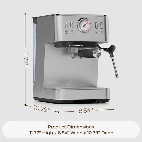 Compact Espresso Machine With 20 Bar Pressure And Digital Temp Display Built In Milk Frother for precise coffee brewing dimensions.