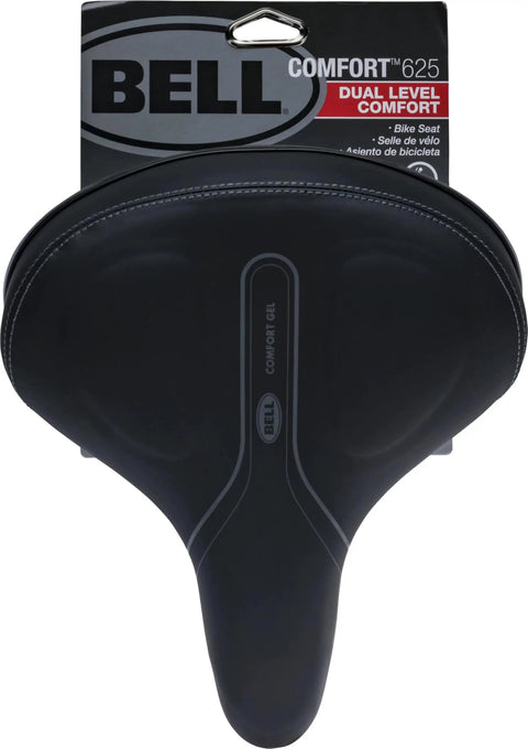 Front view of 625 Gel Bike Seat With Soft Touch Padding And Gel Inserts, Wide Comfort Design, packaging visible