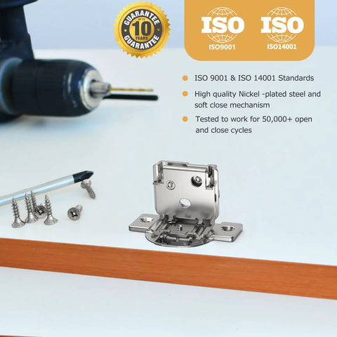 Soft Close Cabinet Hinges Set Of 20 Pieces Nickel Plated One And One Quarter Inch Overlay 105 Degree Face Frame Hardware With Three Way Adjustment Hassle Free Install For Smooth Quiet Kitchen Doors And Kid Safe Design product shown with screws and drill.