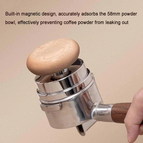Kickass Espresso Tamper Set 58mm WDT Tool with magnetic wooden handle, designed to prevent coffee powder leakage during use.