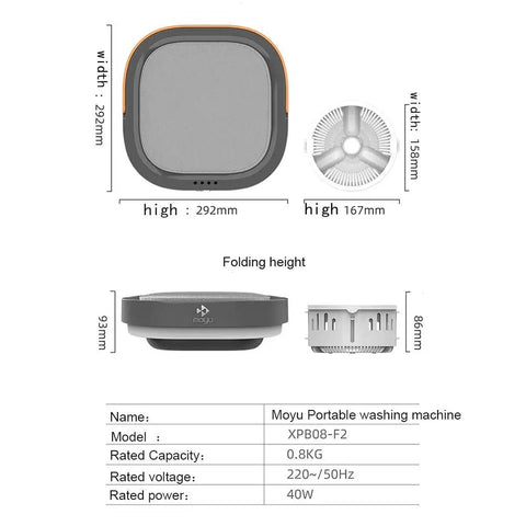 Foldable Portable Mini Washing Machine With Silica Gel Bucket Dehydrator for apartments, dorms, travel; dimensions and specs shown