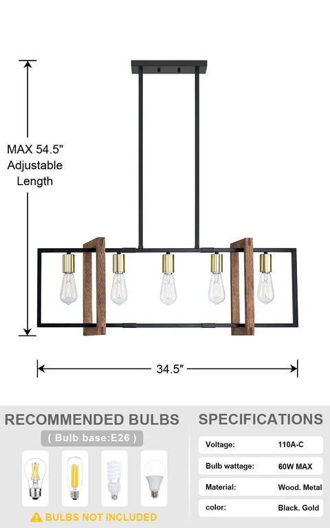5 Light Gold Chandelier For Kitchen Island And Dining Room Boss Farmhouse Rustic Hand Painted Beech Wood Lantern Cage Frame With Black Finish Hallway And Bedroom Ready Rustic Modern Lighting Fixture, measuring 34.5 inches with adjustable height.