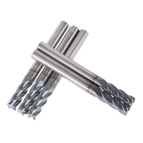 Five 3/16-inch four-flute carbide square-end mills with straight shanks, 2-inch overall length