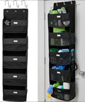 Heavy Duty Over The Door Organizer With Five Deep Hanging Shelves For Closet Shoe And Bathroom Vanity Storage Holds Fifty Pounds Rock Solid Dorm Life Upgrade Black, featuring bottles in five shelves.