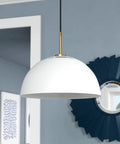 16 Inch Wide Pendant Light With Metal Shade In White And Brushed Brass for home, modern mid-century vibe, easy install, ambient glow