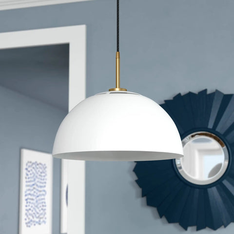 16 Inch Wide Pendant Light With Metal Shade In White And Brushed Brass for home, modern mid-century vibe, easy install, ambient glow