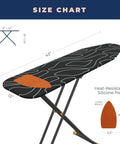 Ironing board with Extra Thick Heavy Duty Ironing Board Cover And Pad With Four Layers Nonstick Surface Scorch And Stain Resistant, size chart.