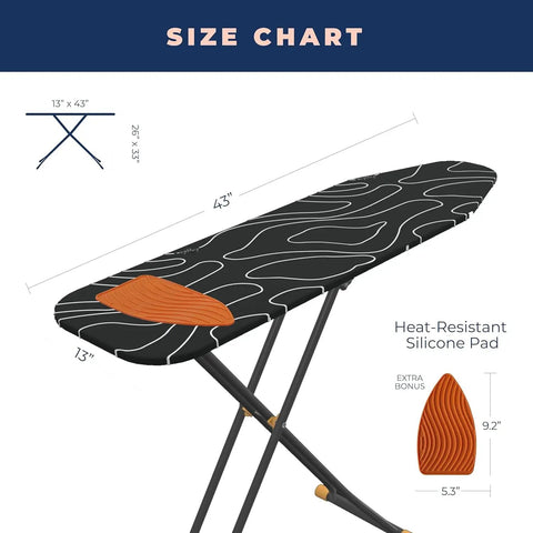 Ironing board with Extra Thick Heavy Duty Ironing Board Cover And Pad With Four Layers Nonstick Surface Scorch And Stain Resistant, size chart.