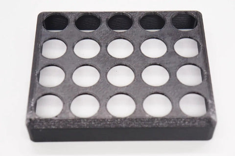 Front view of a square black 3D printed composite storage rack tray for ER20 collet CNC milling chuck lathe tools.