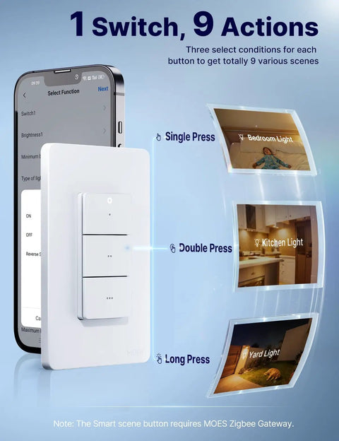ZigBee Smart Scene Switch With 3 Button Remote Controller For Smart Home, featuring single, double, long press actions on screen.