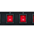 Front view of 8 Outlet Power Center For Single Rack Space With Lighted On Off Switches And 15 Amp Breaker in black metal casing.