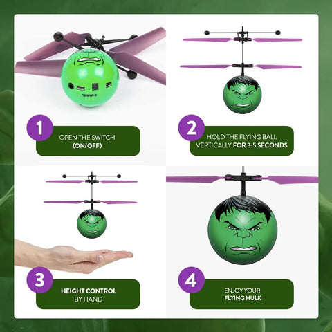 Instruction steps for using Motion Sensing Hulk Flying Orb Toy With USB Charging Marvel Licensed Indoor Outdoor Ball Drone for kids.