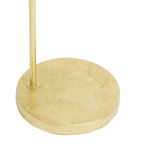 Close-up of gold leaf base of Pink Fringe Shade Floor Lamp In Gold Leaf Finish, part of Down Bridge Steel Lamp with Built In Line Switch.