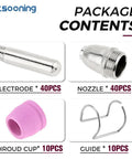 Image showing contents of 100Pcs Plasma Cutter Torch Tip Nozzles Consumables Kit For STC750P WSD60 SG55 AG60, including electrodes, nozzles, shroud cups, and guides.