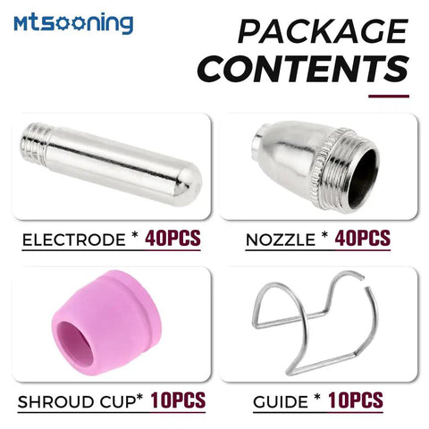 Image showing contents of 100Pcs Plasma Cutter Torch Tip Nozzles Consumables Kit For STC750P WSD60 SG55 AG60, including electrodes, nozzles, shroud cups, and guides.