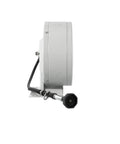 Heavy Duty Hose Reel With Thirty Five Foot Garden Hose And Enclosed Powder Coated Drum side view showcasing spray gun attachment.