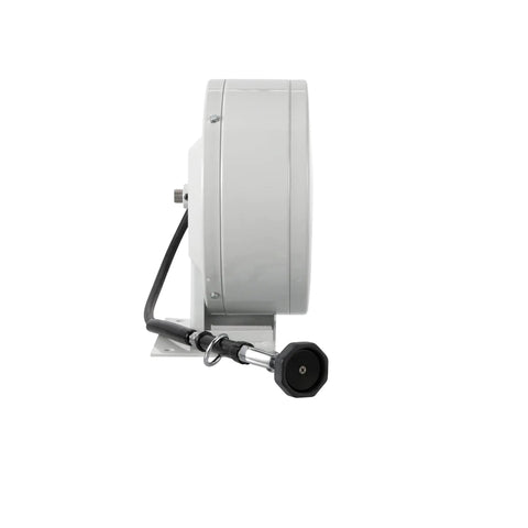 Heavy Duty Hose Reel With Thirty Five Foot Garden Hose And Enclosed Powder Coated Drum side view showcasing spray gun attachment.