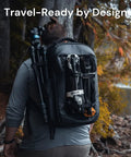 Hiker with backpack and ultra compact portable camp chair that folds to bottle size ready in seconds for camping and outdoors.
