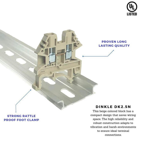 Din Rail Screw Type Terminal Block 12-22 AWG 20A UL 600V High Reliability Compact Block with foot clamp on metal rail.
