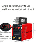 MMA Welder Kit 110V 120V Stick Welder With IGBT VRD Hot Start, red welder with LCD display and control knob, side view