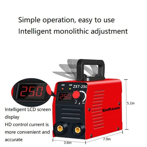 MMA Welder Kit 110V 120V Stick Welder With IGBT VRD Hot Start, red welder with LCD display and control knob, side view