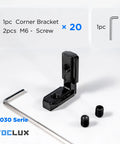 Built Tough 3030 Interior Corner Connector Kit with L Shape Inside Bracket, screws, and wrench for 30 Series Aluminum Extrusion.