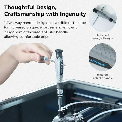 Creality 3D printer tools kit, 74 pcs, gray textured anti-slip handle; tool used on printer extruder.