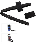 Black adjustable strap with a buckle and velcro, shown with two bottle holders for carrying. Ideal for outdoor activities.