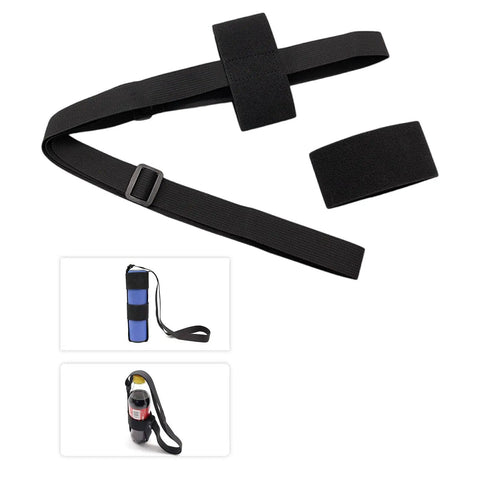 Black adjustable strap with a buckle and velcro, shown with two bottle holders for carrying. Ideal for outdoor activities.