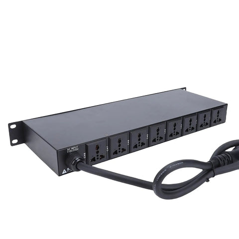 Ten Outlet Power Sequencer Conditioner With Independent Controls And Clear Digital Voltage Display For Touring Stages Amplifiers And Home Listening Rooms US Plug, black metal housing with power cord.