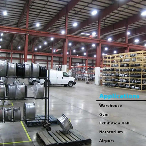 Interior of warehouse lit by UFO LED High Bay Light 200W 24000 Lumen 5000K Waterproof IP65 Warehouse Fixture With US Plug