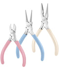 Three Piece Jewelry Pliers Set With Needle Nose Round Nose And Side Cutter For Beading Wire Wrapping Jump Rings And Jewelry Repair Ideal DIY Craft Tool Kit For Makers And Hobbyists showing tri-color grips.