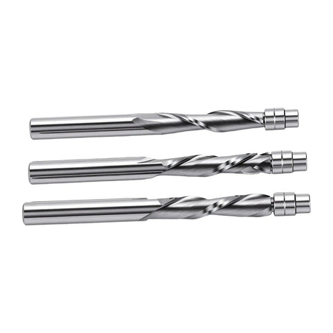 Top Tier 1/4 Inch Flush Trim Router Bit Set With Tungsten Steel Down Spiral Cutting Edge For Professional Woodworking CNC Machines And Exact Finish Cuts On Hardwood Projects Today, three router bits with spiral edges.