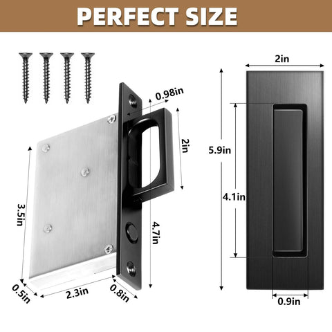 6 Inch Pocket Door Hardware Set Complete 304 Stainless Steel Kit With Pop Out Ring Handle shown with measurements and screws