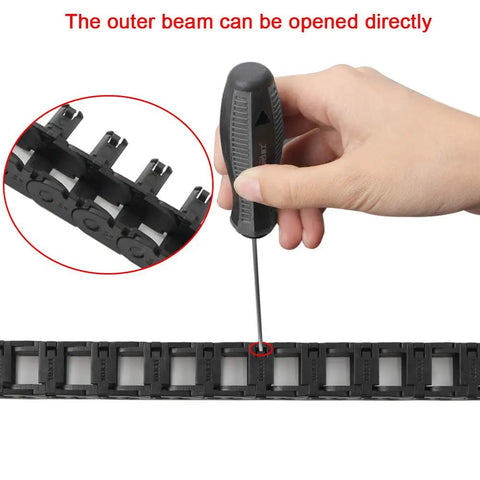 10x11mm Drag Chain Semi Enclosed Adjustable Cable Carrier Black 1M showing easy opening with a screwdriver