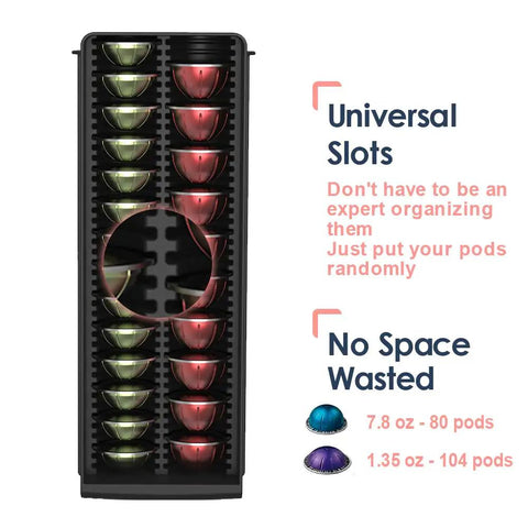 4 Tier Coffee Pod Drawer Organizer For Nespresso VertuoLine Pods showing vertical storage with universal slots and efficiency features.