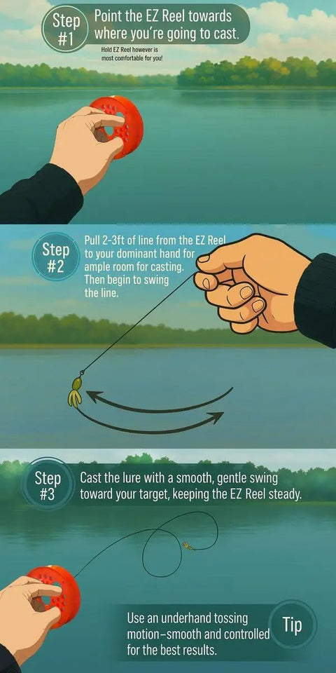 Illustration showing steps to use Grab-and-Go Pocket Size Handline Fishing Kit With 60 Ft Braided 15 Lb Line Ultra Portable Rodless Reel Complete Outdoor Fishing Set For Hiking Camping And Adventure With Carry Case.