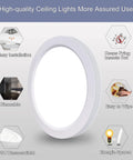 ETL Listed 7 Inch Ultra Slim Round LED Flush Mount Ceiling Light Dimmable 5000K Daylight Flat Panel Fixture for Kitchen, Closet, and Bathroom 6 Pack, shown with features like easy installation and dimmable