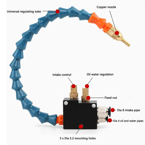 Mist Coolant Lubrication Spray System For CNC Lathes And Metal Engraving Tools components with copper nozzle and regulating tube