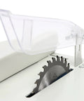 Close-up of saw blade on Do It All Five In One Jewelry Polisher 750W Bench Grinder with protective cover and drilling capabilities.